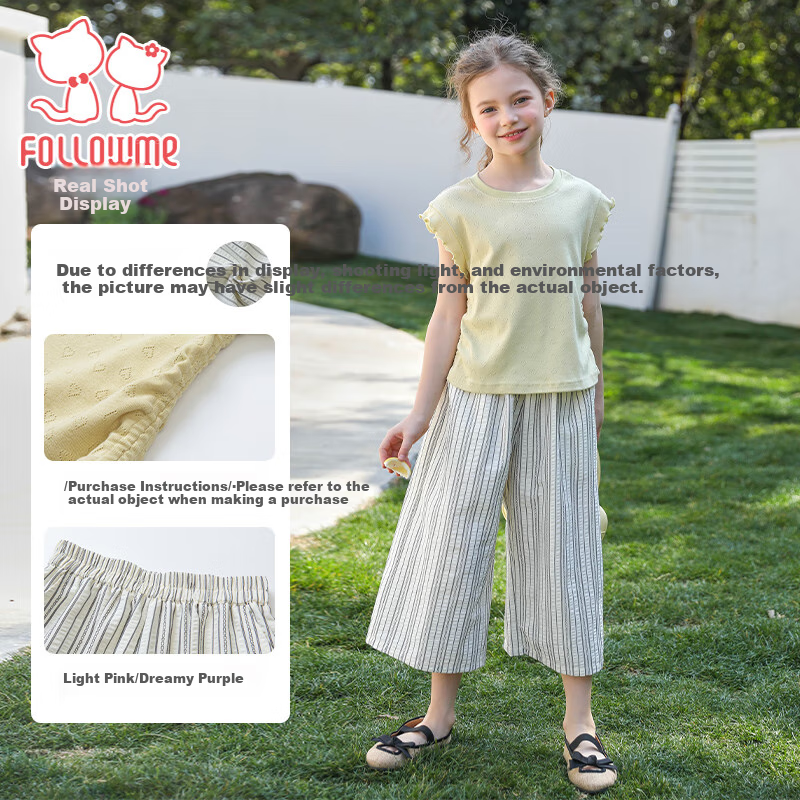 Follow Me Girls' Summer Outfit Set, Pastoral Style Laceless Sleeveless T-Shirt with Striped Casual Pants Two-Piece Set, Mustard Green, Size 130