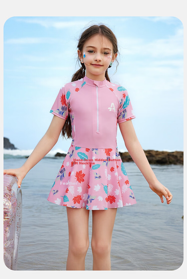 ASK JUNIOR Hot Spring Girls' Swimsuit, Summer Children's One-Piece Swim Skirt, Floral Short-Sleeve Breathable Cool-Feeling Swimwear 5