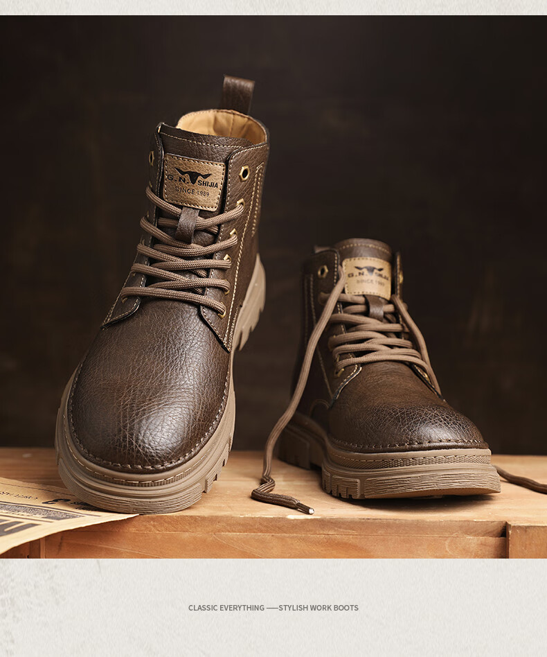 Bull Family Men's Boots Autumn Winter New British Retro Martin Boots Thick Sole Wear-Resistant Men's Work Boots Versatile Casual High-Top Shoes 15