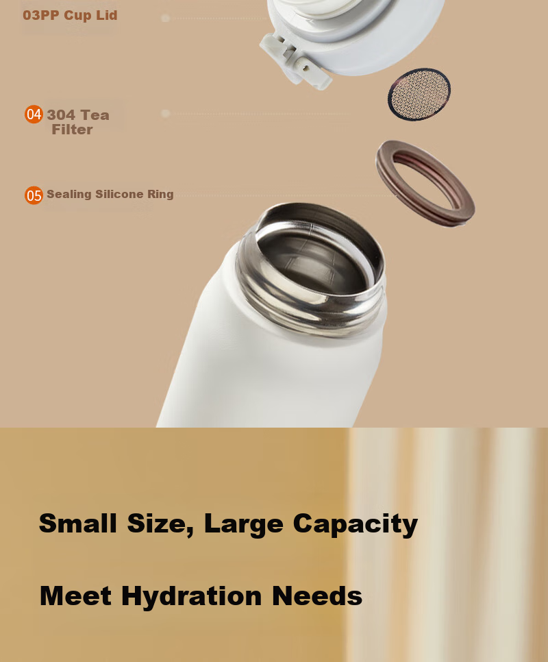 MINISO 316L Stainless Steel Insulated Water Bottle, High-Quality Straw Dual Drinking Cup for Men, Women, and Students, Ivory White, 345ml 8