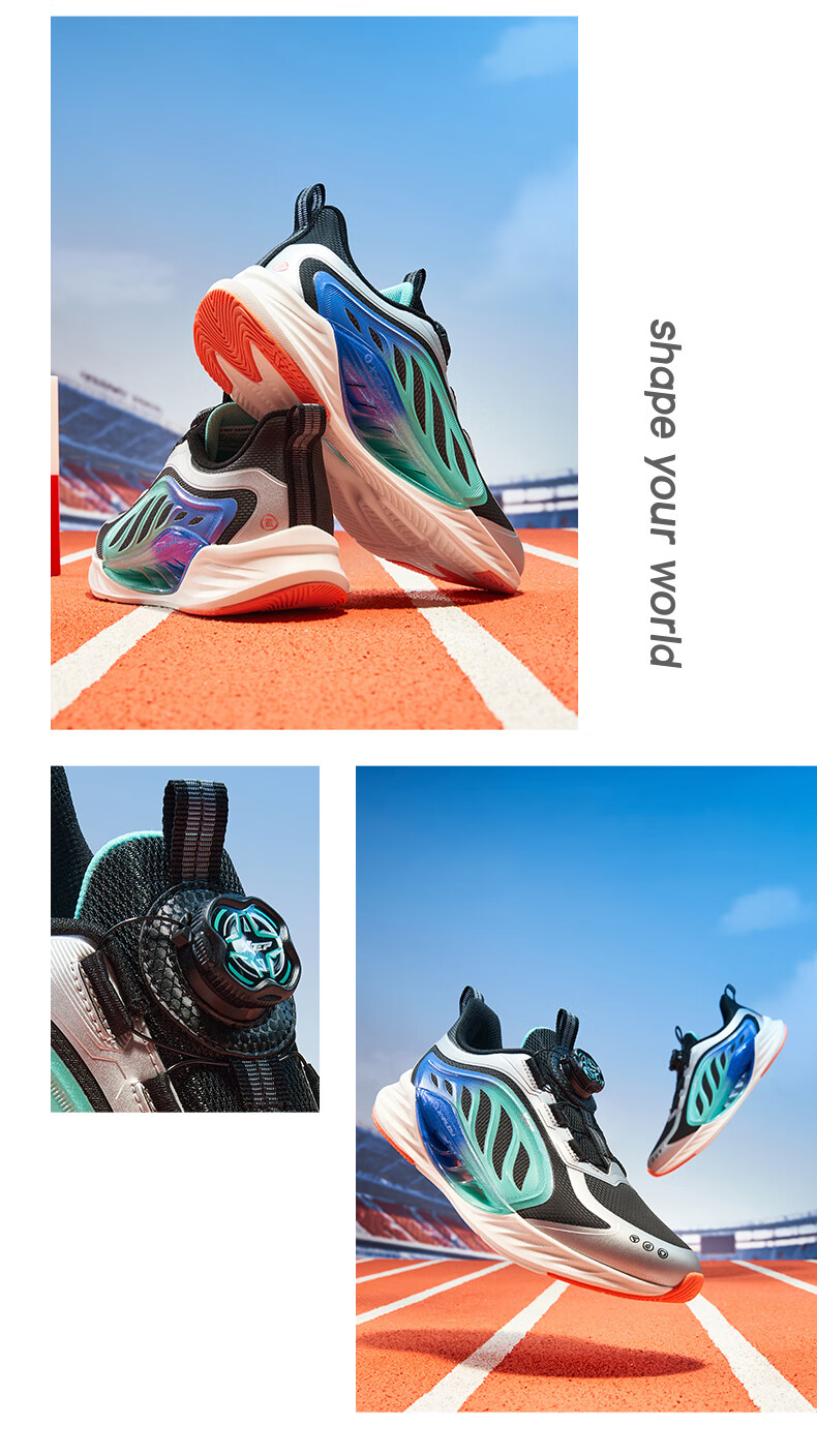 XTEP Kids Hydrogen Wind 8.0 Leather Sports Shoes Boys Dial Running Shoes Black/Aurora Green Size 38 1