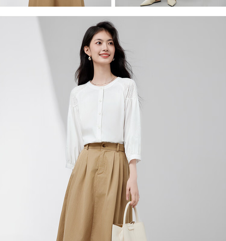 Shangdu Bira Lenzing Tencel Three-Quarter Sleeve Casual Shirt Women Autumn Lantern Sleeve Patchwork Hollow Embroidery Elegant Blouse 20