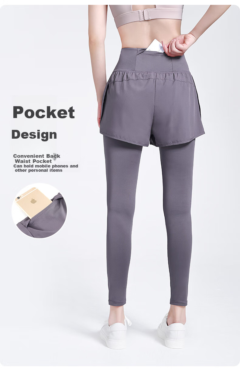 CAMEL Elastic Faux Two-Piece Fitness Pants for Women, High-Waisted Tight Running Trousers, Y23BA4L0029C, Misty Gray, XL 27