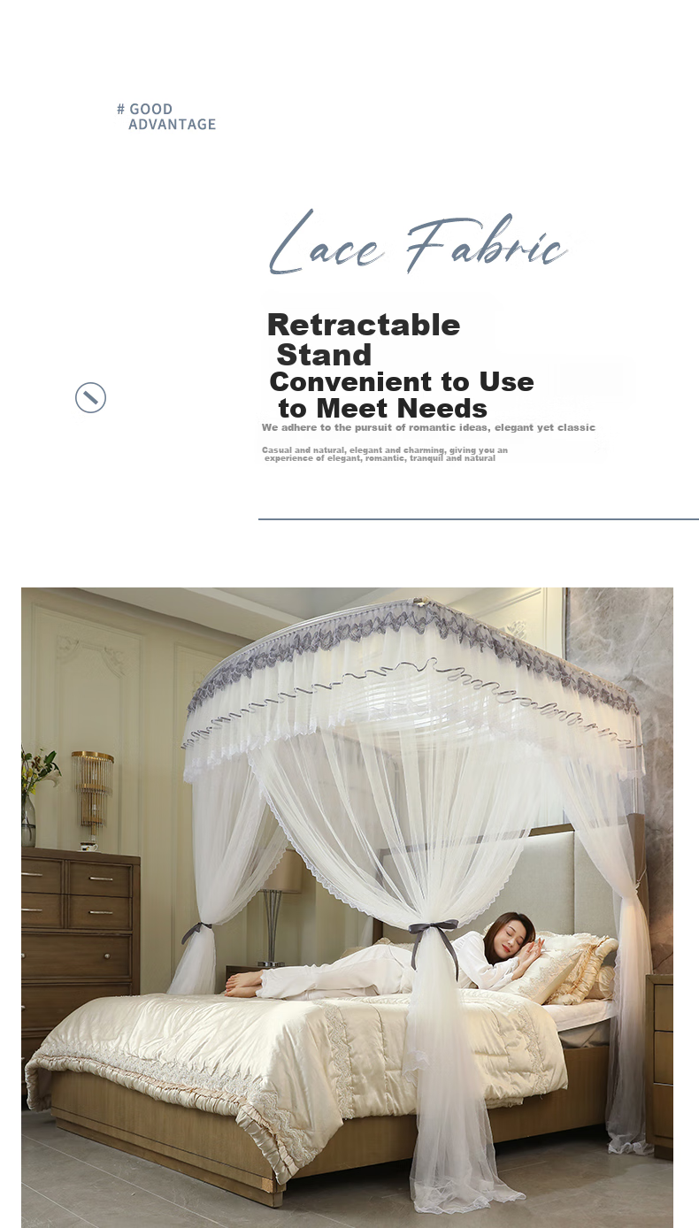 Demichel Retractable U-Shaped Mosquito Net 1.5x2m Home Use Fishing Rod Three-Door Floor-Standing Rail Thickened Frame Elegant White 3
