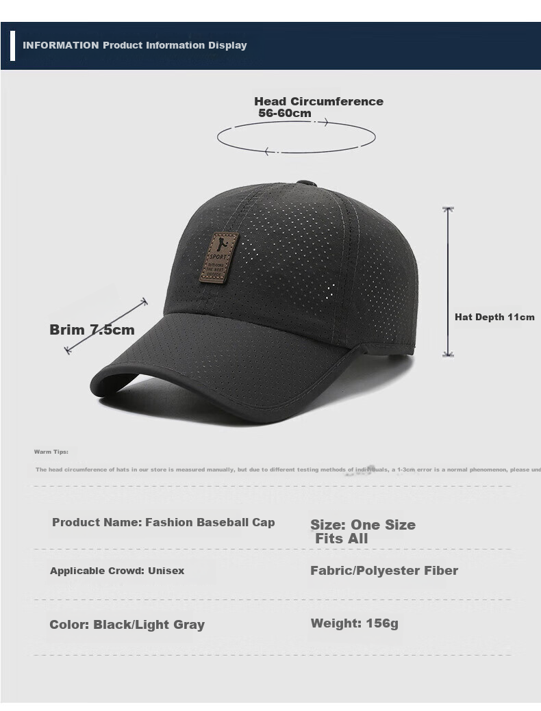 Huili Sun Protection Hat for Men, Outdoor Baseball Cap, Breathable Sports Visor, Casual Duck Tongue Mesh Hat, Versatile Couple's Large Head Circumference 7
