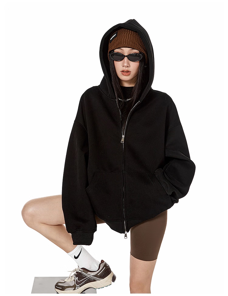 ICH MODE Fleece-Lined American Style Hoodie Jacket Women Autumn Winter Loose Fit Double Zipper Cardigan Lazy Long Sleeve Coat Black L 15