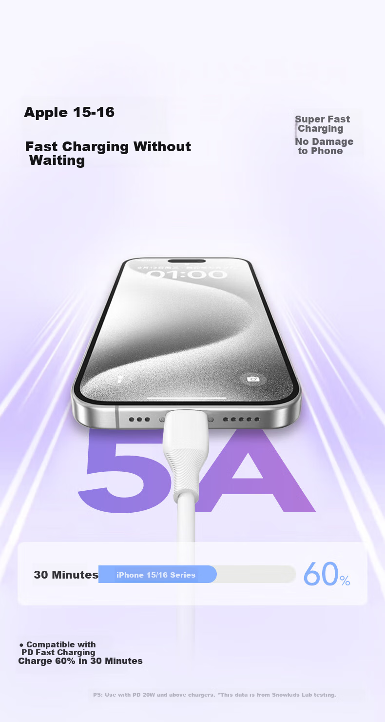 Snowkids Apple 18/17/16/15 Charging Cable, Dual-Head Type-C Data Cable, PD100W Liquid Silicone Fast Charging Cord, Car Compatible for IPhone15-18/iPadPro, 1 Meter 2