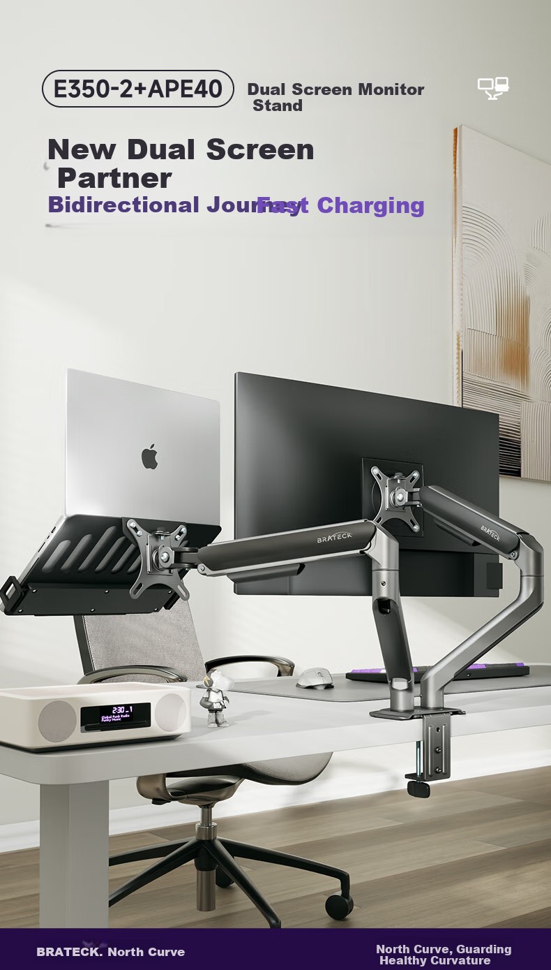 Brateck Beihu Laptop Stand, Multi-Screen Extension for Laptops, Mechanical Arm with Dual Screens, Display Stand E350-2+APE40 Meteor Gray 1