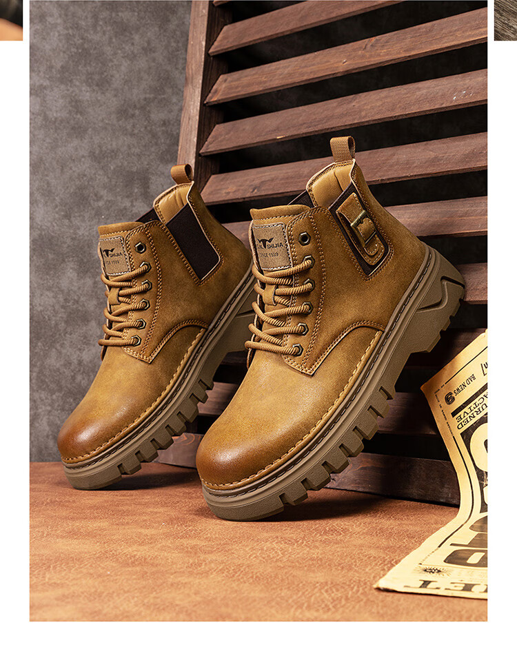 Bull Family Martin Boots Men 2026 Winter New Versatile Yellow Boots Fleece Lined Warm Snow Boots Men's Outdoor Hiking Shoes 30