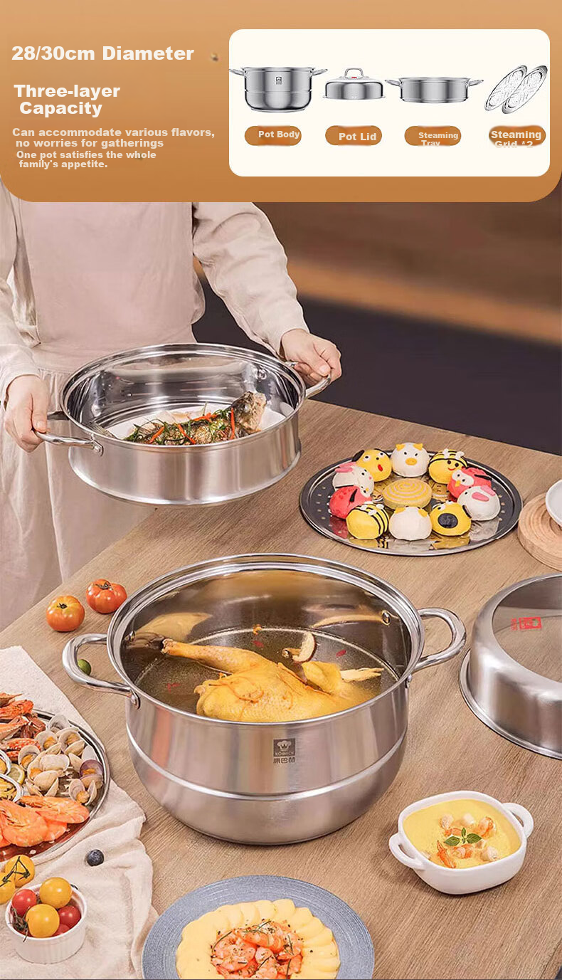 KBH Stainless Steel Steamer Pot, Large Capacity Composite Bottom Soup Pot, Dual-Use Steaming And Cooking Pot, Three-Layer High Lid, 30cm 7