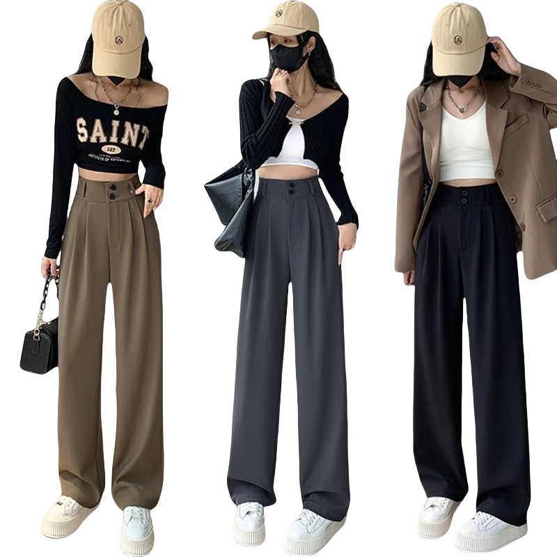 LangSha Women's Autumn New Double Button High Waist Draped Office Elegant Dress Pants Casual Wide Leg Trousers