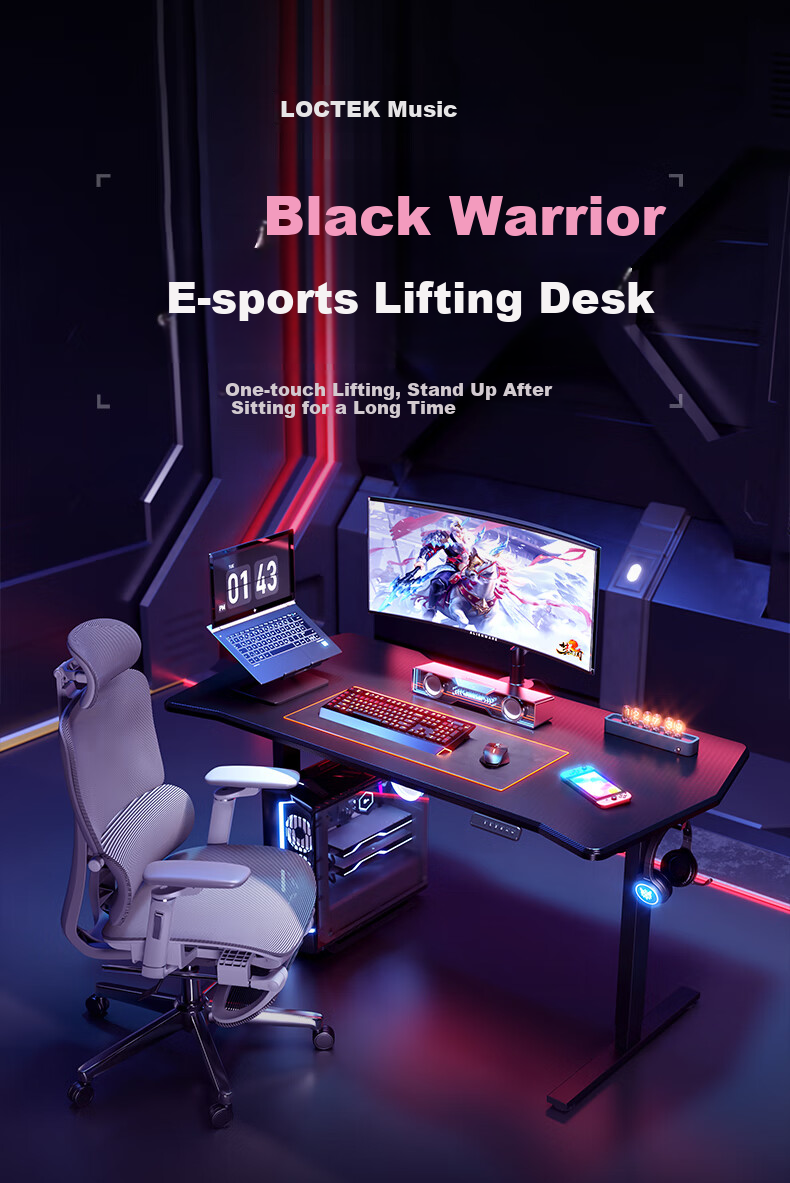 Loctek Black Knight Gaming Desk, Electric Height Adjustable Desk, Computer Office Desk, Carbon Fiber Texture Gaming Board, 1.4M 1