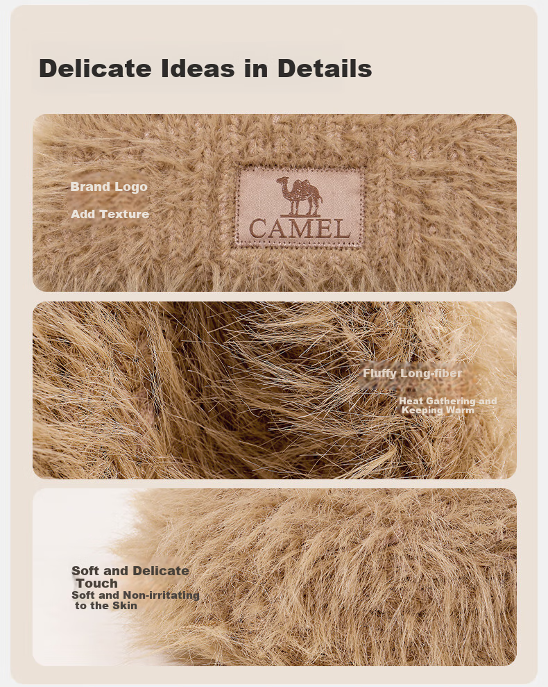 CAMEL Plush Knitted Hat for Women, Winter Cold Protection Ear-Covering Thick Warm Face-Slimming Knitted Cap 133CP15061 13