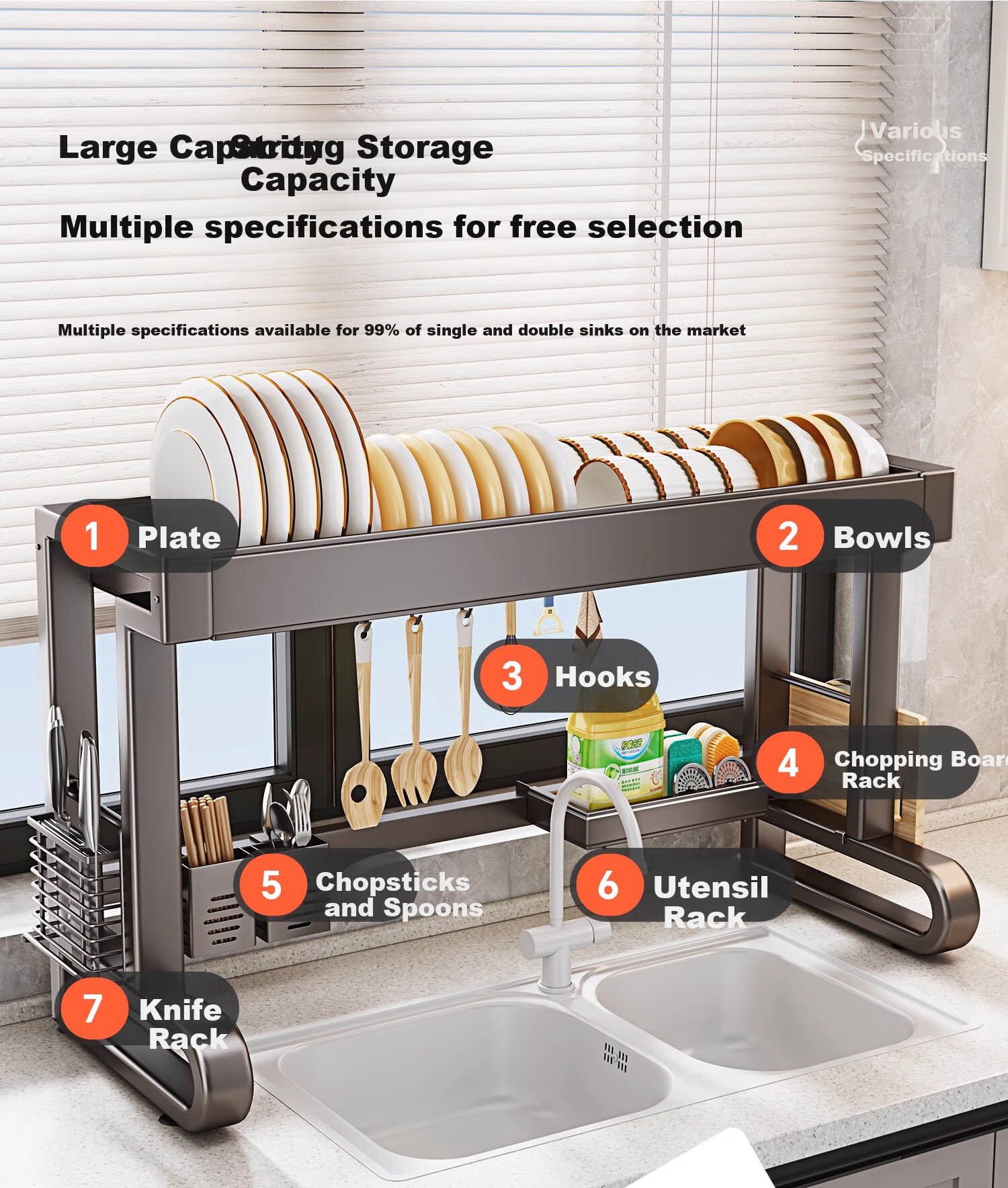 Shuaishi Kitchen Utensil Storage Rack, Sink Drainer Rack, Dish Rack, Bowl And Plate Washing Rack, Sink Organizer Shelf 6