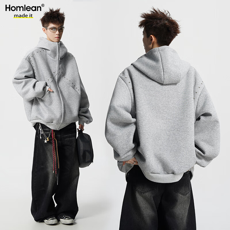 Homlean American Heavyweight Rivet Hooded Zip-Up Sweatshirt Men Autumn Trendy Loose Casual Jacket HX35 Heather Gray M