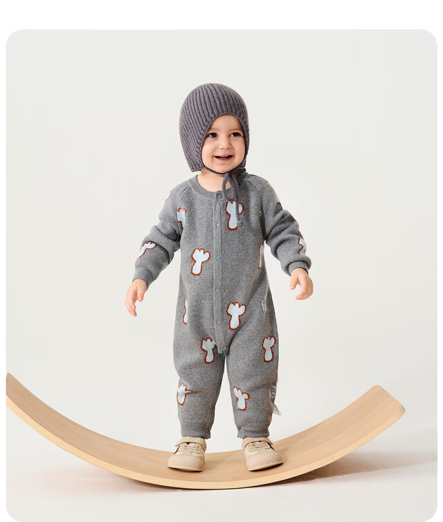 TONGTAI Baby Romper Spring and Autumn Pure Cotton Infant Clothing Children's Casual Knitted Jumpsuit Full Cotton Crawling Suit Gray 73cm 3