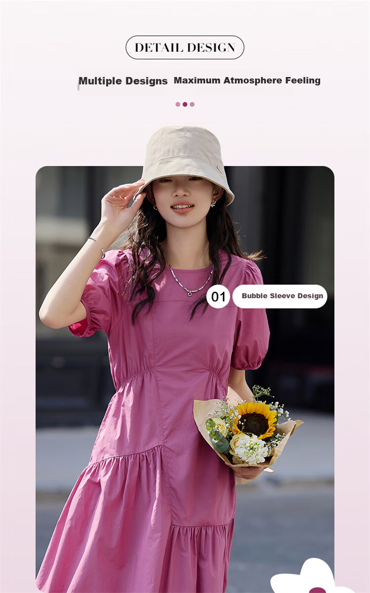 Dme [Puff Sleeve Ruched Dress] Summer Dopamine Sweet Style Round Neck Dress 6