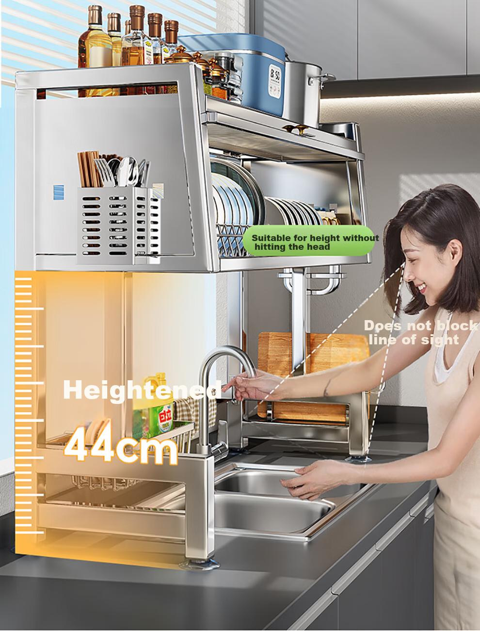 Shuaishi Kitchen Storage Rack, Stainless Steel Sink Shelf, Dish Organizer, Basin Drainer, with Cabinet Doors, 95cm Long 13