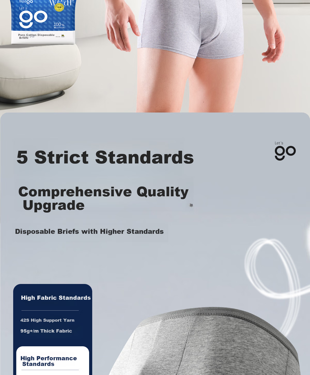 Freego Disposable Men's Boxer Briefs, Pure Cotton, Travel-Friendly, Sterilized, Portable, Comfortable, Large Size, 3 Pairs, Men's Gray, Size L 2