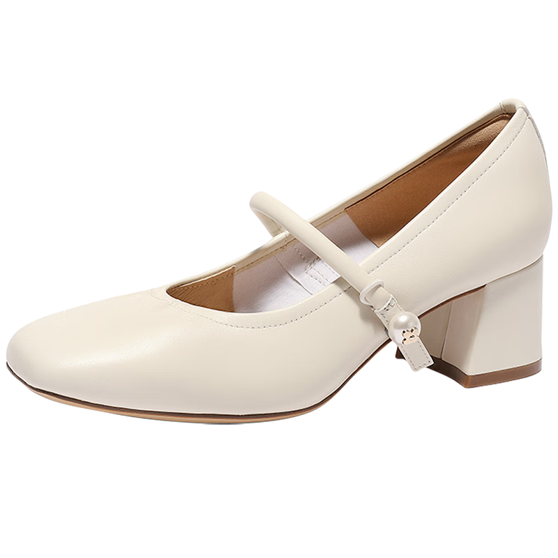 SENDA Mary Jane Women's Lambskin Department Store Style Chunky Heel Shallow Mouth Pumps 4MJB8AQ5 Beige 39