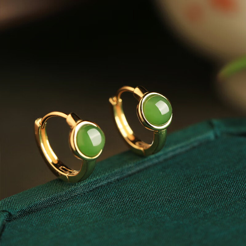 Xiaoyinjiang Hetian Jade Green Jade S925 Silver Bean Earrings Women's High-End New Chinese Style National Wind Ear Studs Gift