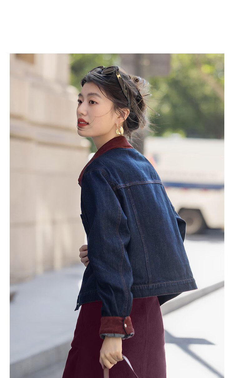 Demana [Denim Breathing Rule] Autumn Cloud Oxygen Cotton Suede Splicing Color-Blocked Piped Loose Fit Women's Denim Jacket 3