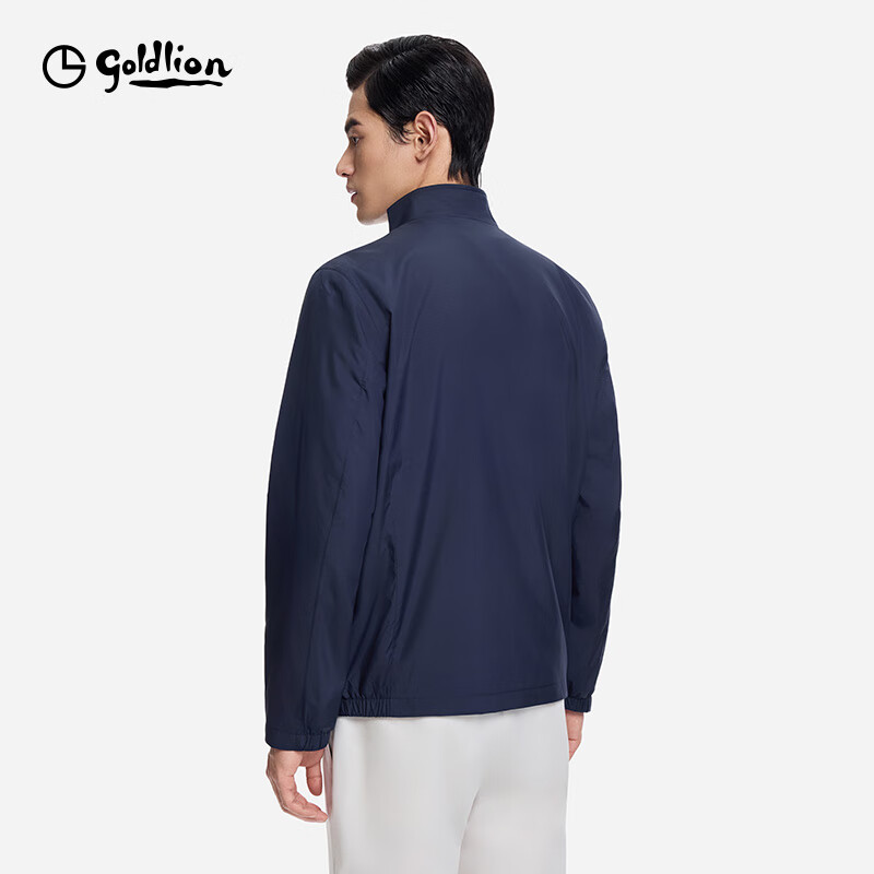 Goldlion Waterproof, Oil-proof, Stain-resistant Autumn Wrinkle-resistant Jacket with Stand Collar, Striped Business Coat for Men, Navy Blue, Size L