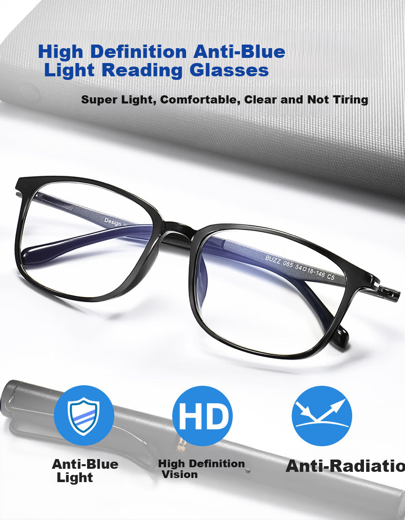 BUZZ Reading Glasses for Men And Women, Anti-Blue Light, Ultra-Light, High Definition, for Middle-Aged And Elderly, Presbyopia Glasses BJ121 Black Frame with Gray Temples 100 Degrees 1