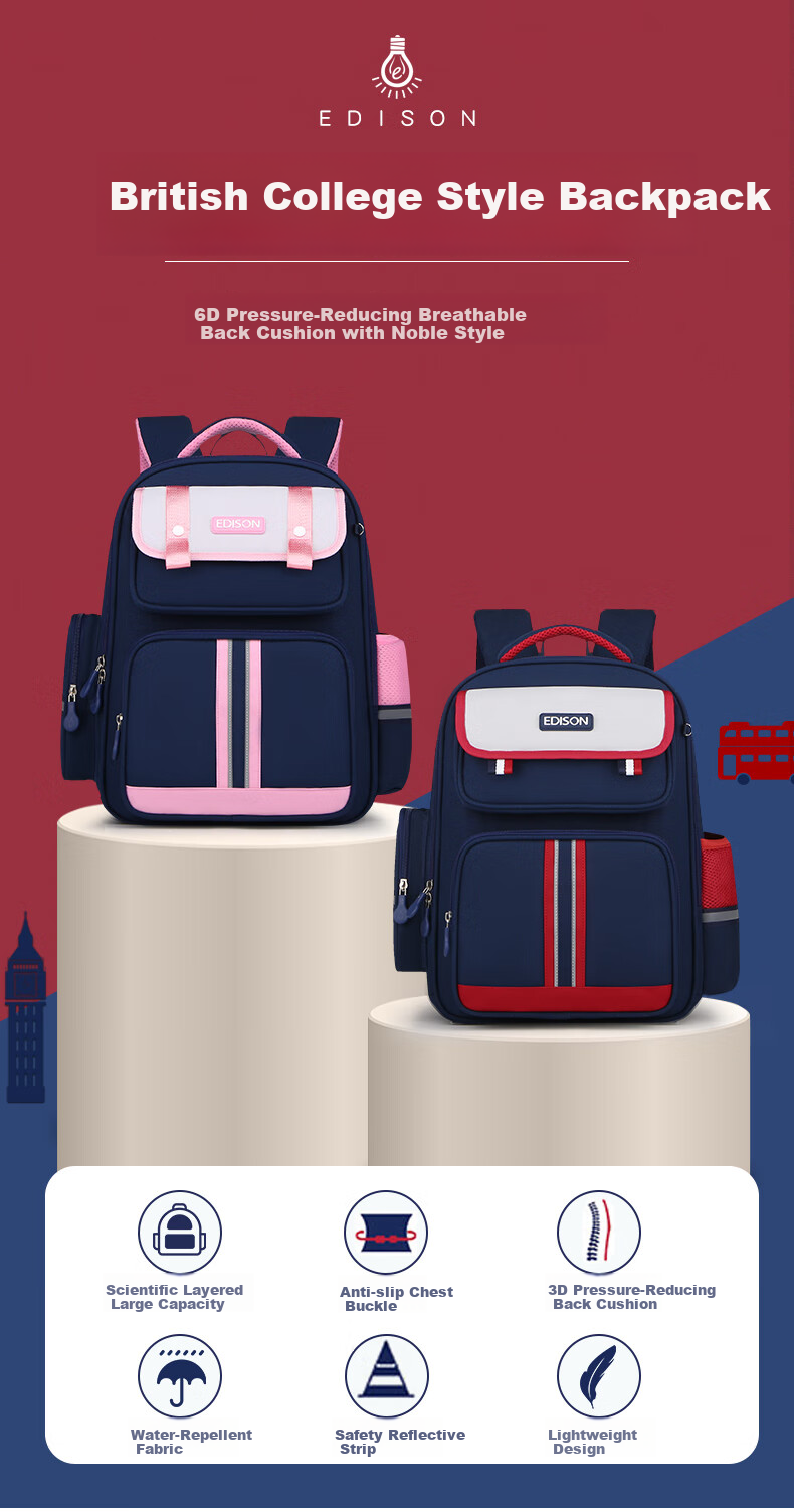 Edison Elementary School Backpack with Spine Protection, Weight Reduction, Reflective Design, Large Capacity, Water-Resistant, Anti-Drop Children's Backpack 2215-3 2