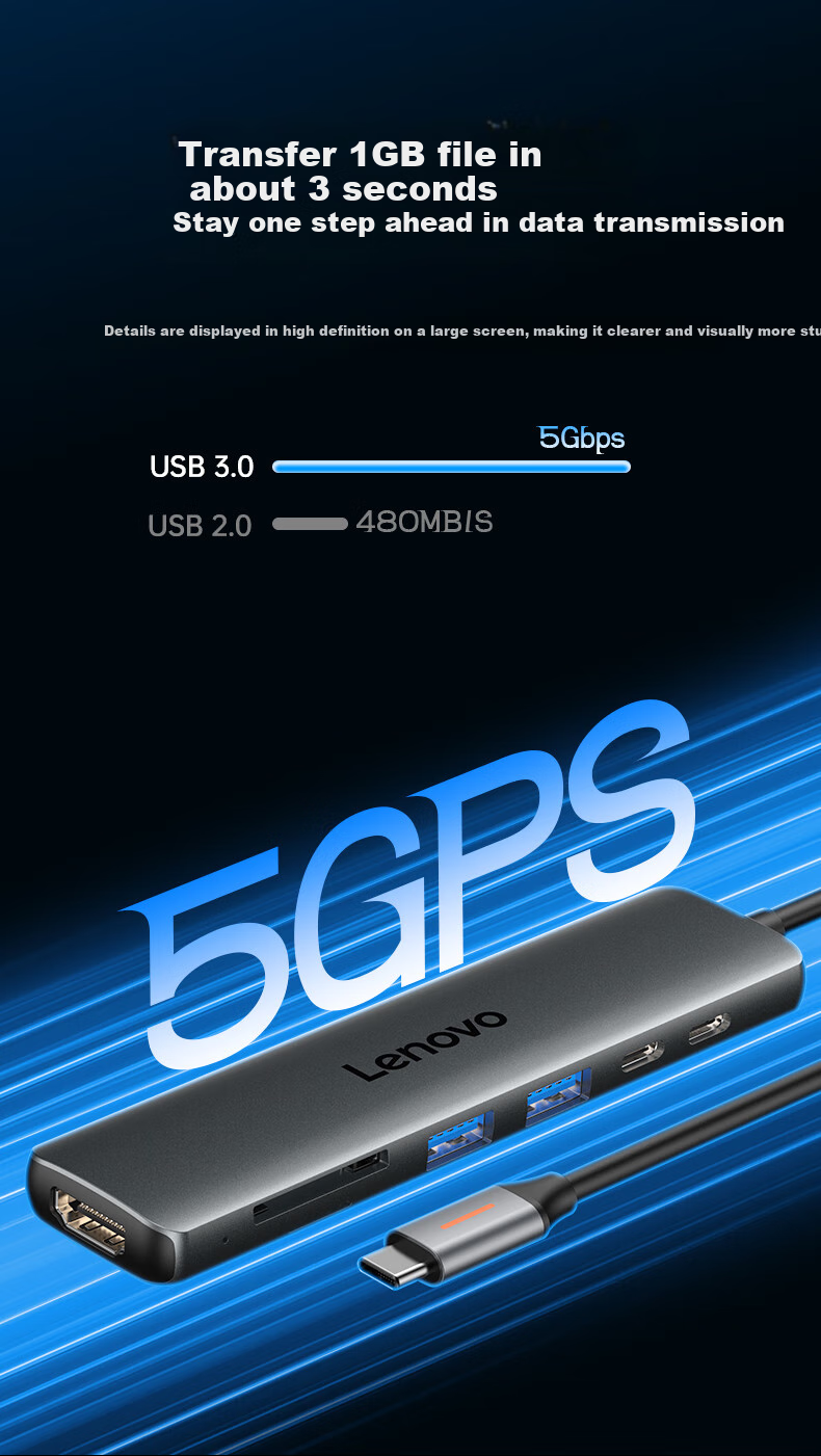 Lenovo Type-C Expansion Dock, USB-C to HDMI Converter, USB3.0 Hub, Laptop Splitter, 4K60Hz Screen Mirroring, PD Fast Charging, Multi-Port Adapter 5
