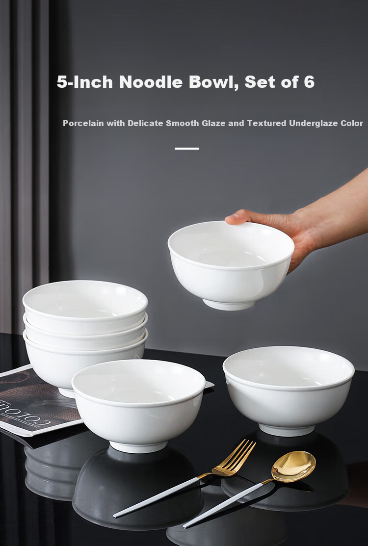 Jieyajie Ceramic Noodle Bowls, Personal Use White Porcelain Bowls, Chinese-Style 5-Inch Inverted Edge Rice Bowls, Microwave Safe, Set of 6 1
