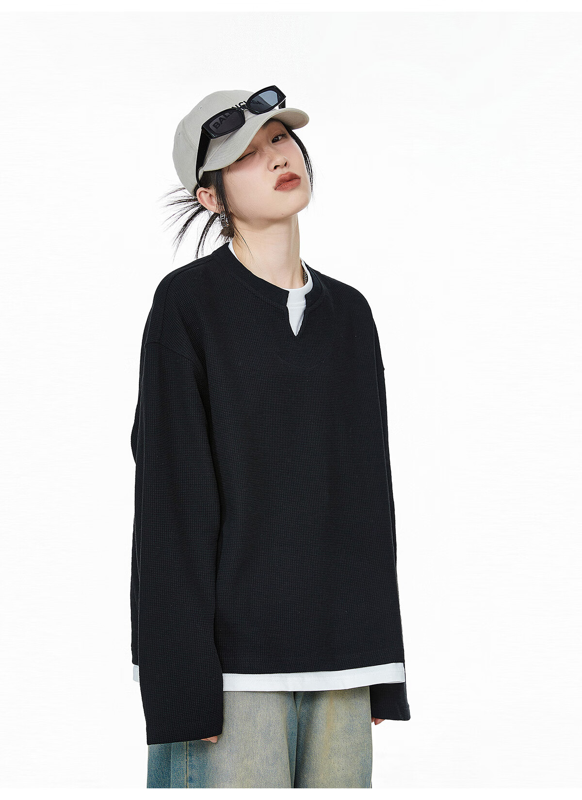 ICH MODE Women's Pullover Sweatshirt American Waffle Long Sleeve T-Shirt Autumn Winter Loose Casual Henley Neck Top Gray L 45