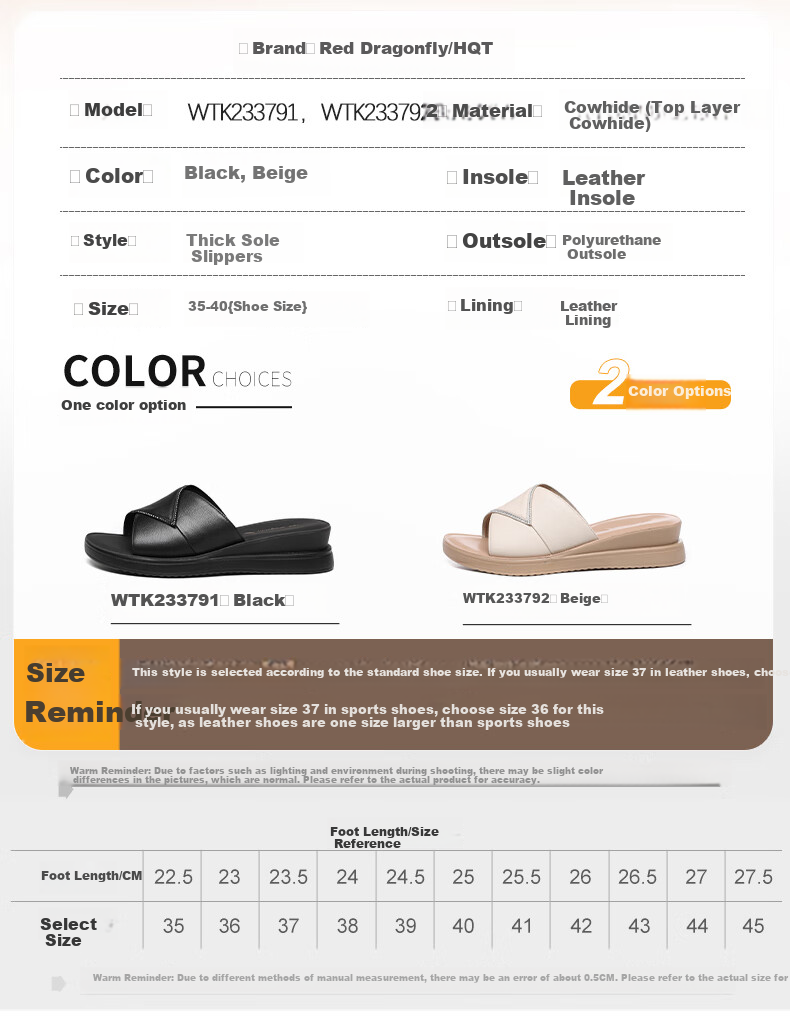RED DRAGONFLY Women's Slippers, Summer Outdoor Wear, Thick-Soled Wedge Sandals, Soft-Bottom Leather Flat Slippers, WTK233791 6