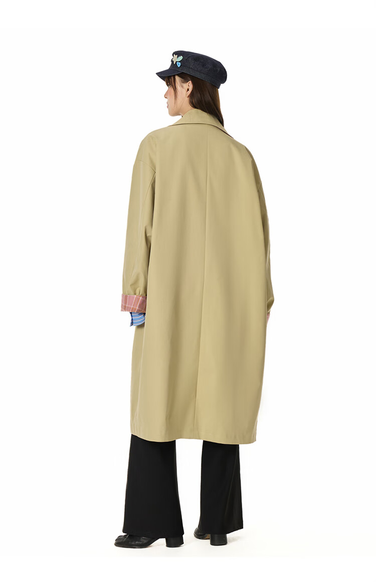 GROUND ZERO Unisex Autumn Mid-Length Trench Coat with Plaid Color-Block Lining Black 2XL 4
