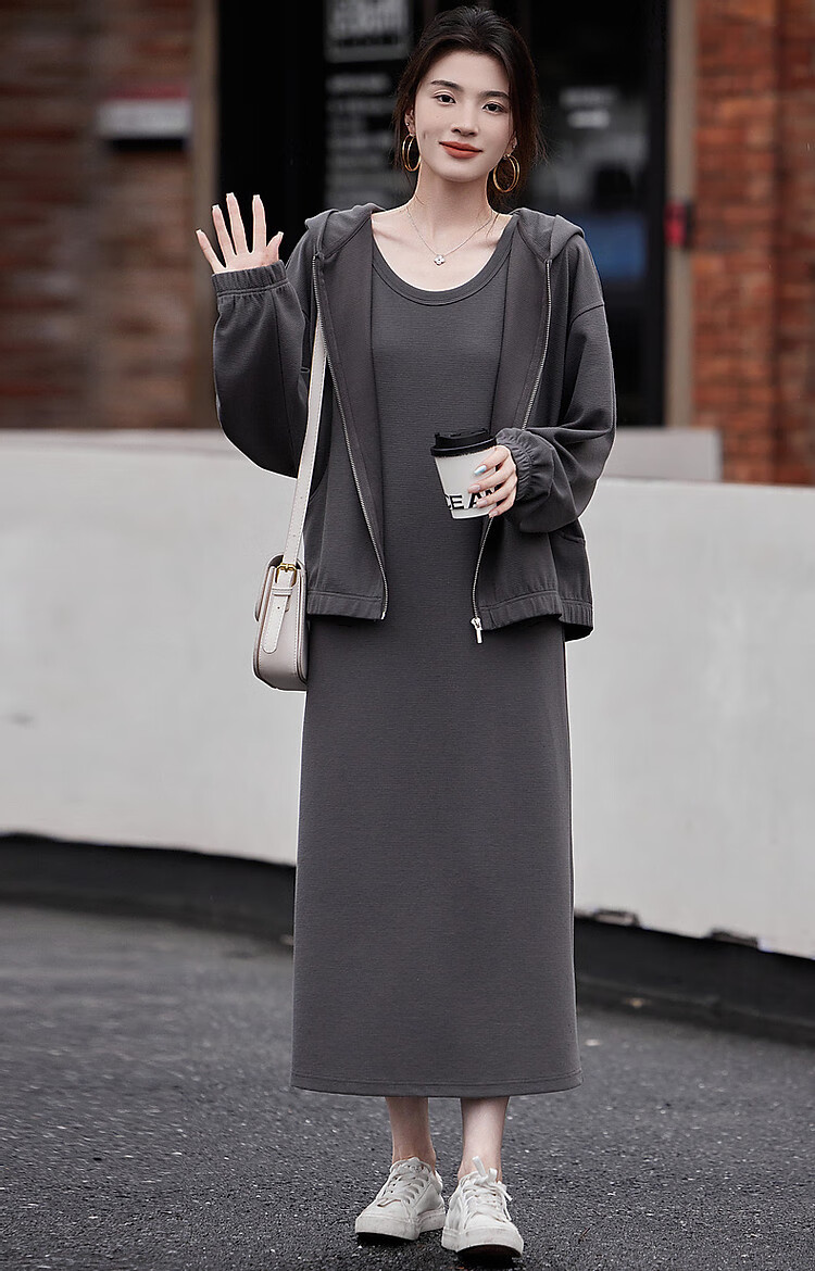 Dme [Laoqian Lazy Knit Set], Autumn Loose Shoulder Relaxed Top U-Neck Vest Dress Two-Piece Set for Wome 11