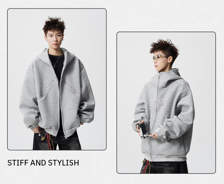 Homlean American Heavyweight Rivet Hooded Zip-Up Sweatshirt Men Autumn Trendy Loose Casual Jacket HX35 Black M 3