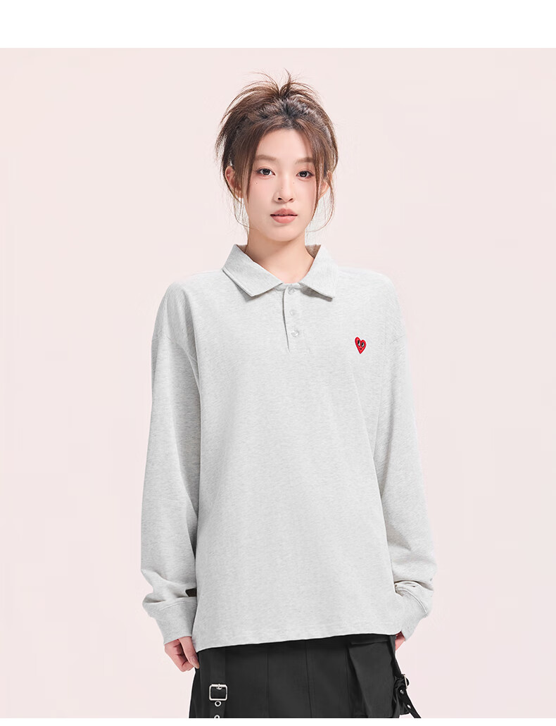 Charles Peach Heart Simple Collar Polo Sweatshirt Unisex Couple Small Heart Chest Autumn Long Sleeve Off-White S 6