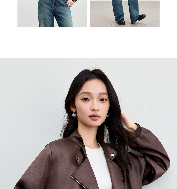 Sentubila Women's Casual Asymmetric Zip-Up Stand Collar Jacket Autumn Loose Slim Leather Texture Cardigan Drawstring Top 10