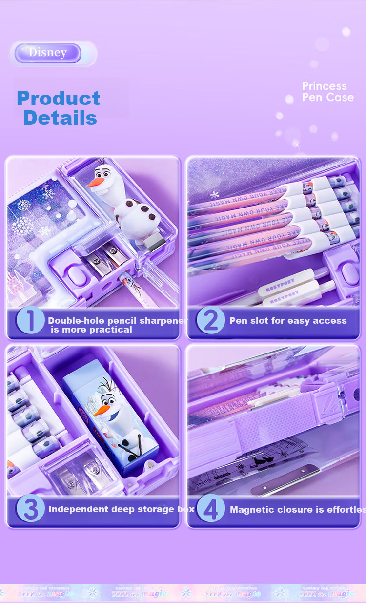 Disney Sand Art Pencil Case for Girls, Children And Elementary School Students, Multifunctional Plastic Pencil Box with Double Layers, School Supplies, Elsa Princess Graduation Gift 10