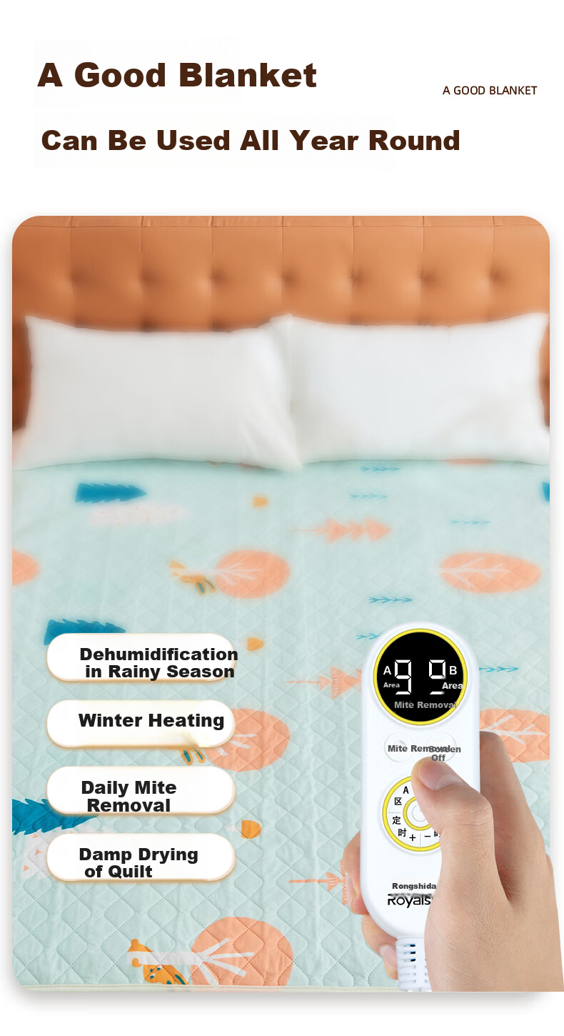 Royalstar [High Temperature Power-Off] Double-Person Dual-Control Anti-Mite Timed Skin-Friendly Velvet Electric Heating Blanket Mattress Pad 1.8*1.5 Meters 9