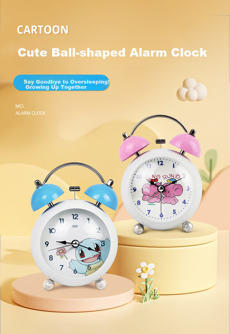 Mashi [Battery Included] Alarm Clock for Children, Cartoon Night Light, Loud Volume, Creative Elementary School Student Bedside Clock, Mechanical Bell Ringing, Lazy Person's Mini Metal Alarm Clock, Blue Gift 1