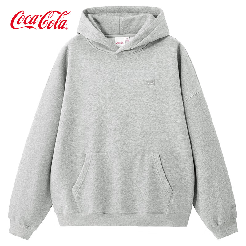 Coca-Cola Men's Hoodie Autumn Winter Fleece Thickened Solid Color Simple Embroidered Jacket Dark Heather Gray M
