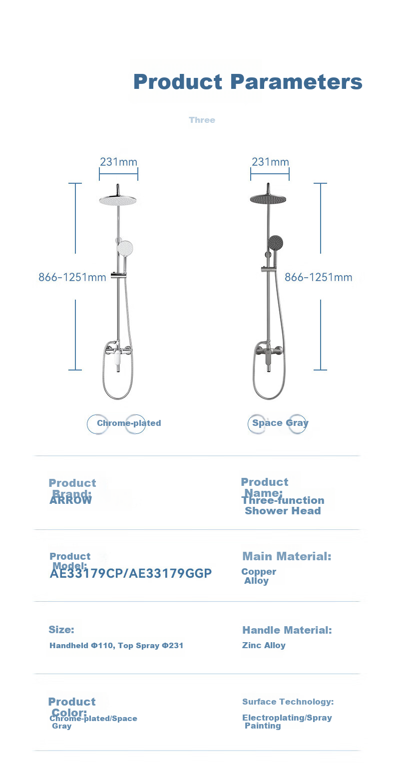 ARROW Shower Head, Brass Body, Pressure-Boosting Handheld Top Spray [Renovation Subsidy 15%] 12