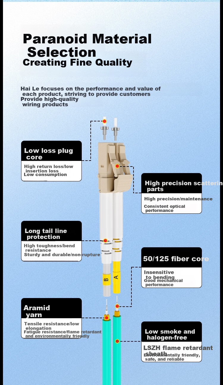 HAILE Fiber Optic Patch Cable, 10 Gigabit Multi-Mode LC-LC Low Smoke Zero Halogen LSZH Dual-Core OM3 UPC Low Loss A-Grade Fiber Core Pigtail, 30 Meters HJ-2LC 2