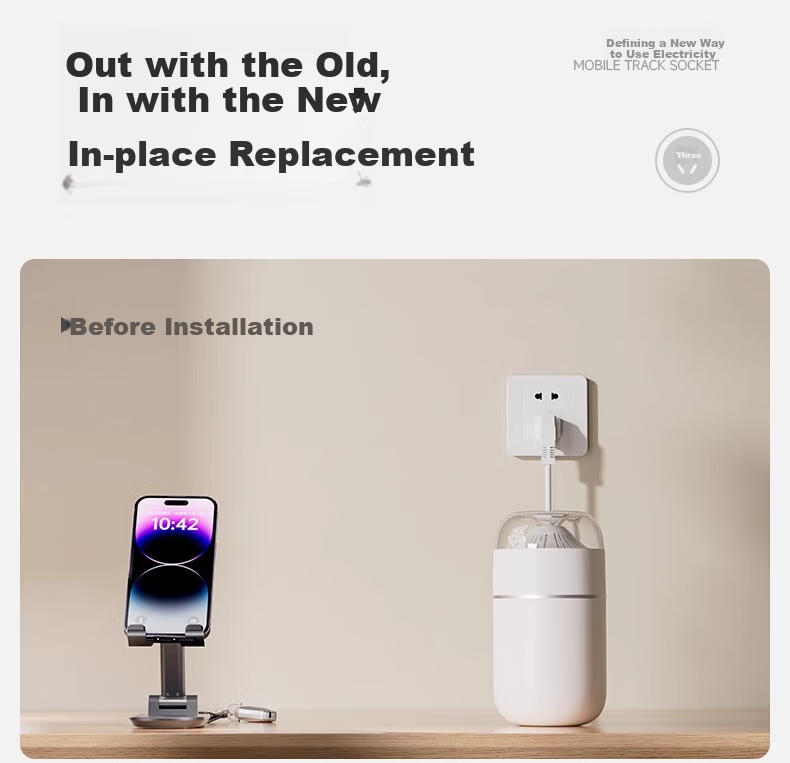 AUX Track Socket, Surface-Mounted No-Drilling Wall-Mounted Movable Wall Slide Socket Slim C6 Milk Gold, Earth Color 50cm + 4 White Light Rings Five-Hole 7