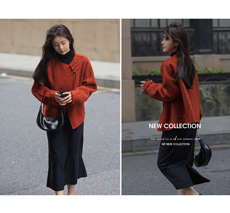 MT [Hong Zhaoyuan] Autumn Winter National Style New Chinese Wool Sheep Wool Frog Button Short Coat Petite Women's Woolen Overcoat 3