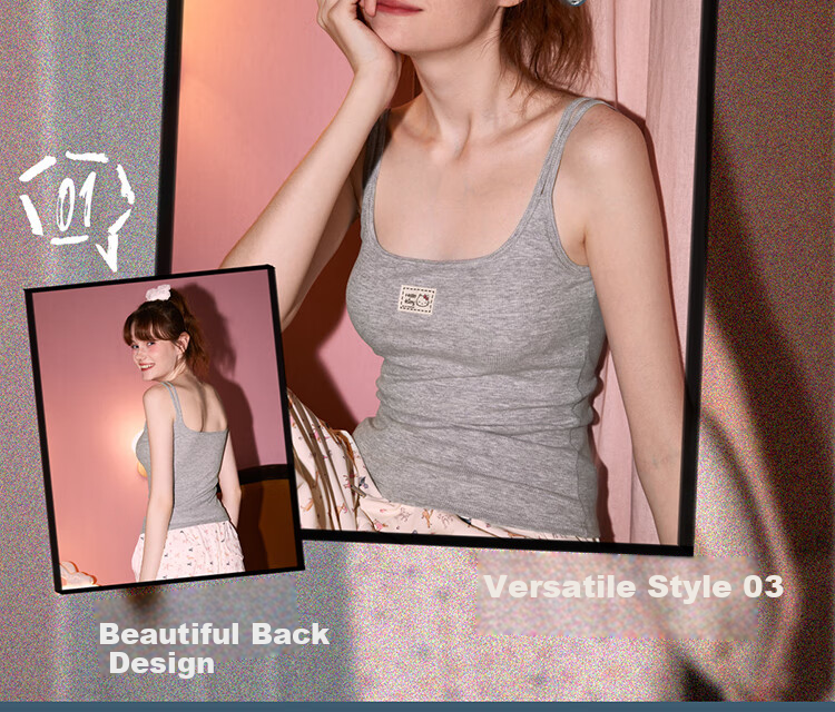 Gukoo Disney Marie Cat Collaboration Women's Spring Autumn Camisole with Chest Pad Antibacterial Simple Vest Light Gray M 15