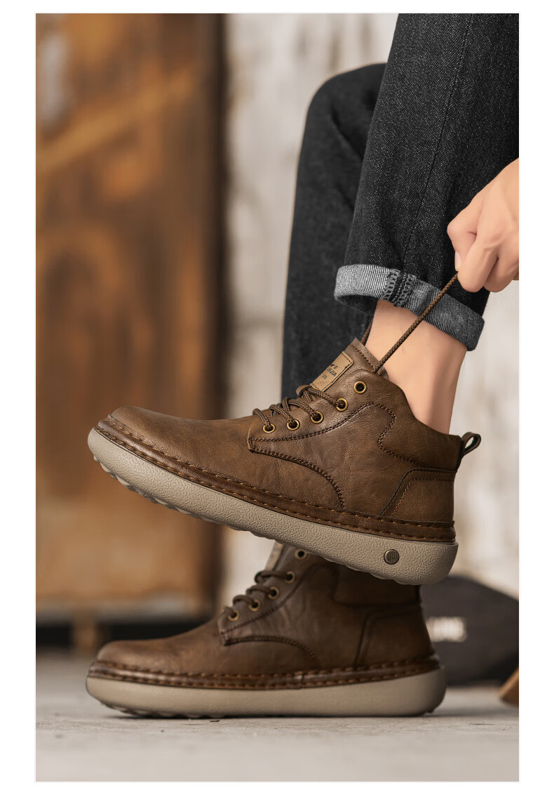 G.N.Shi Jia Men's Martin Boots Autumn Winter New Fashion Retro Work Shoes Casual Mid-top Lace-up Leather Shoes for Men 11