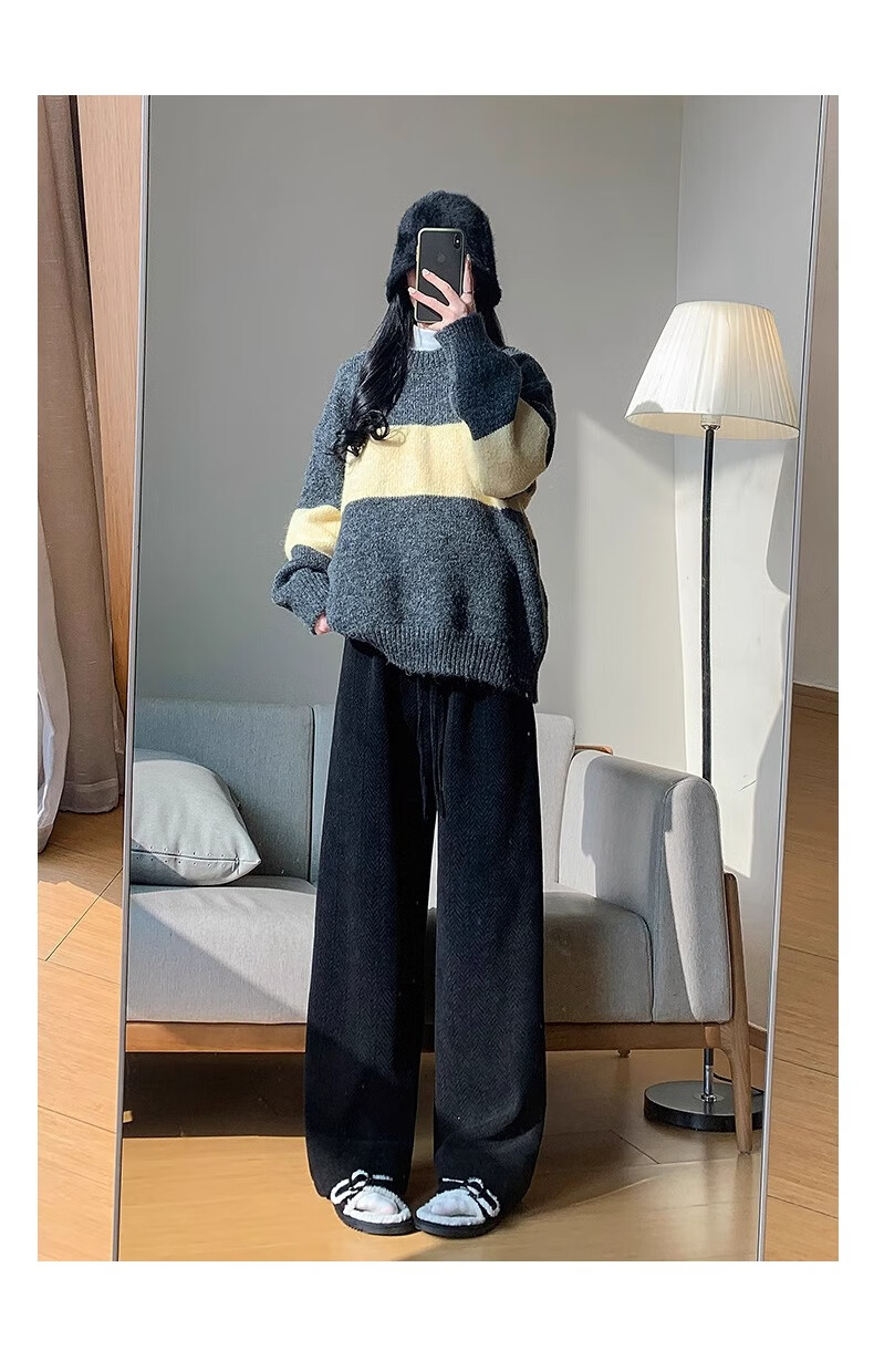 Langsha Women's Herringbone Wide-Leg Pants Spring Autumn New High-Waist Draped Straight-Leg Slim Chenille Knit Casual Trousers Trendy 20