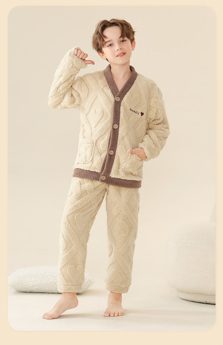 LangSha Fleece-Lined Thickened Flannel Children's Pajama Set Autumn Winter Boys Sleepwear Warm Clothes 14